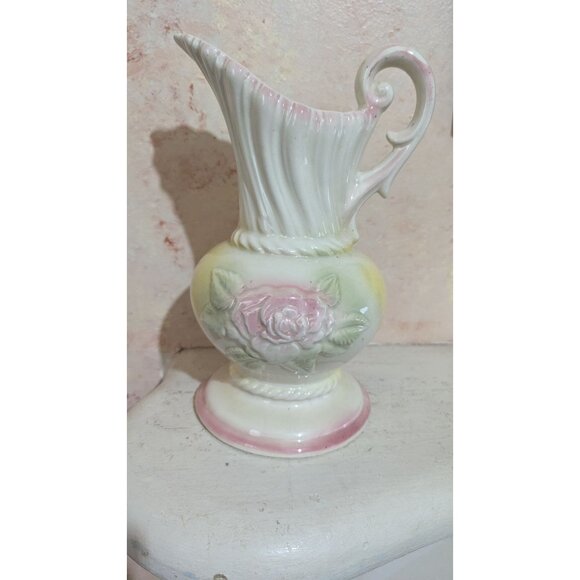 Vintage USA Ceramic Pitcher With Pink Roses Floral Relief Yellow-Pink Gradient 1 - Picture 8 of 8